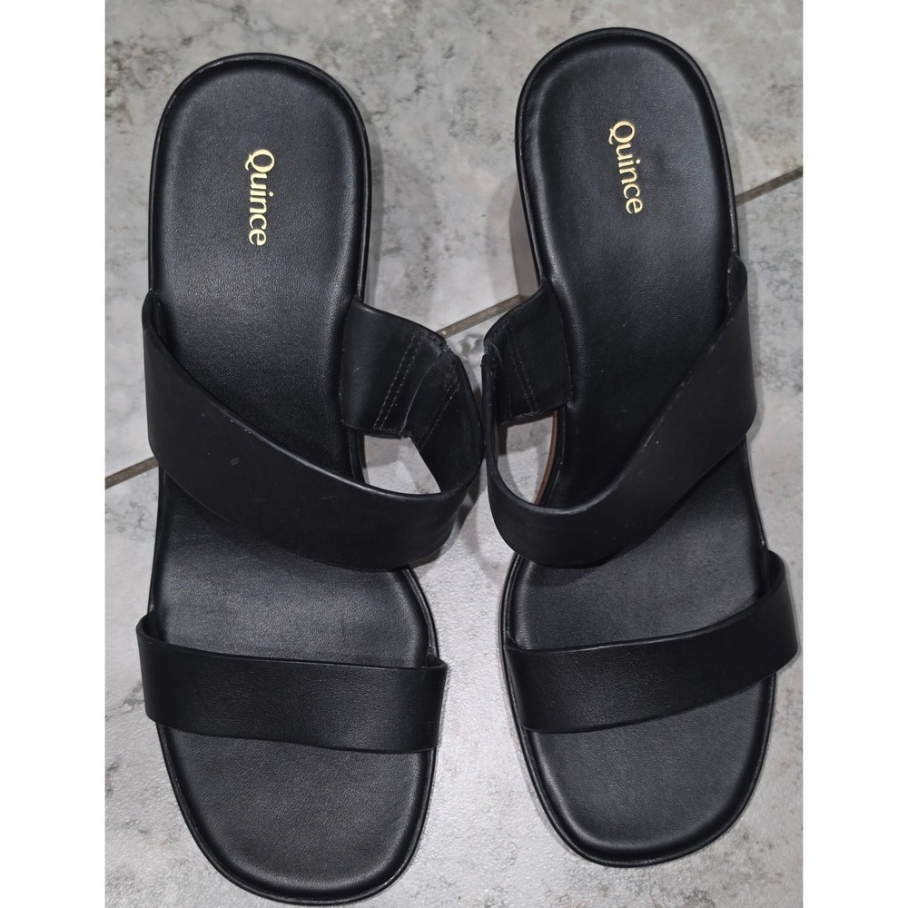 Quince Black Italian Leather Double Band Block Heel Sandals Sz 8